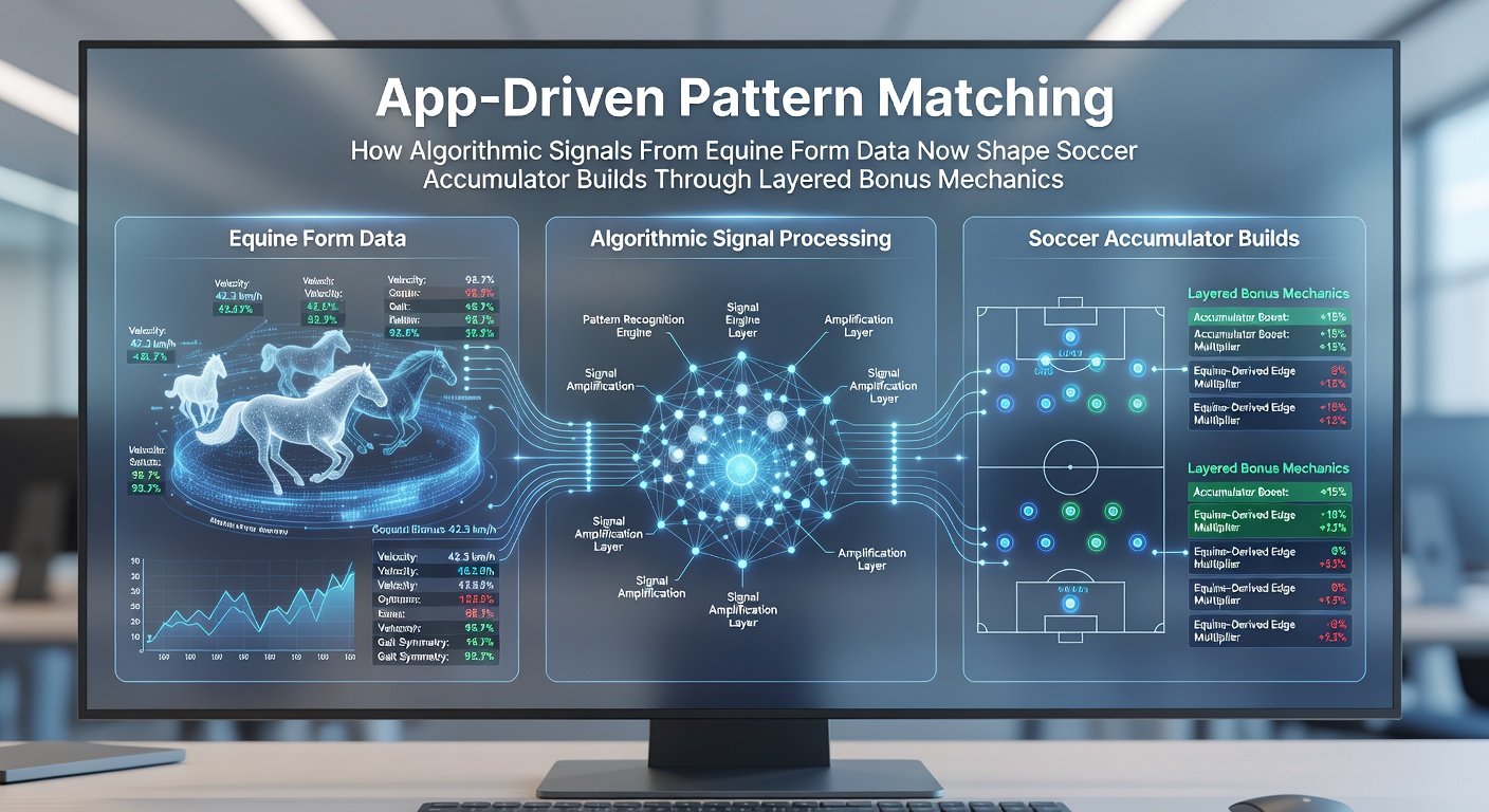 Mobile app interface displaying equine form charts alongside soccer accumulator builder tools with algorithmic overlays