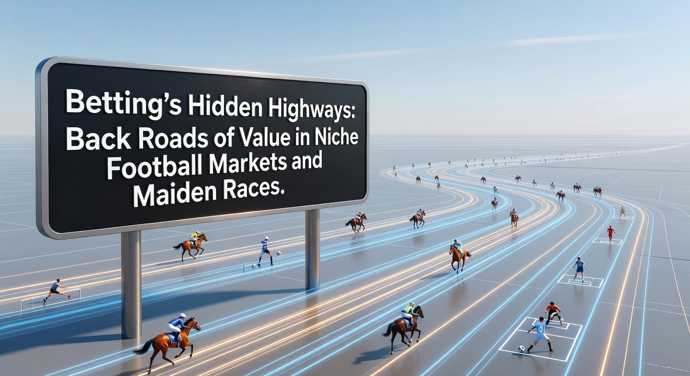 A winding back road through a misty countryside landscape, symbolizing overlooked betting opportunities in niche football and maiden horse races