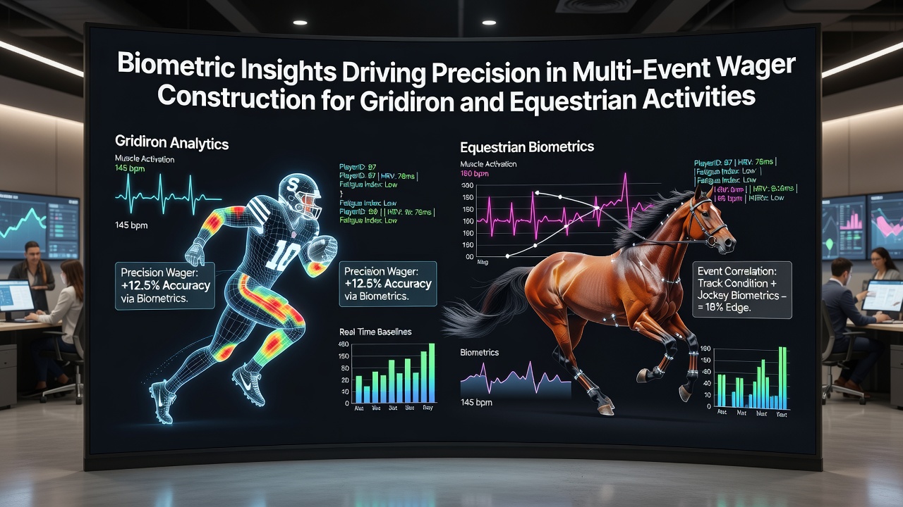 Athletes wearing biometric sensors during gridiron training sessions alongside horse racing performance monitoring equipment