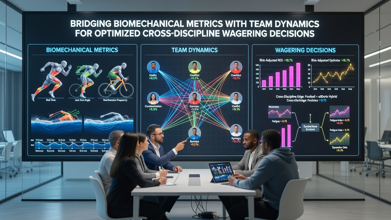Data visualization dashboard displaying synchronized biomechanical graphs and team coordination heatmaps used for wagering model inputs