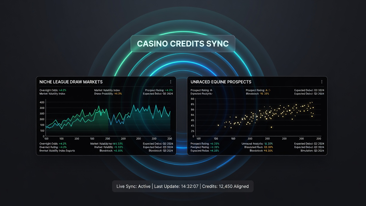 Mobile app interface showing notification ripples linking casino credits to football draw markets and horse racing prospects