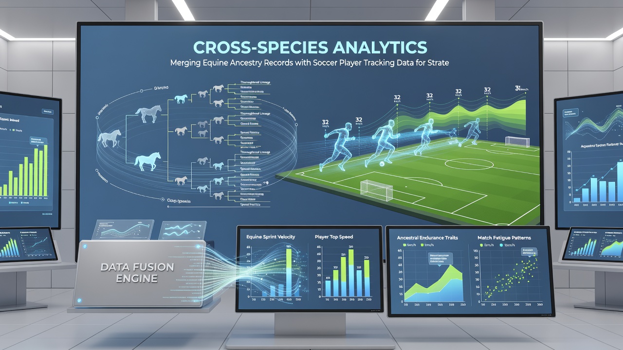 Dashboard screenshot showing merged equine pedigree metrics and soccer tracking statistics for accumulator probability calculations