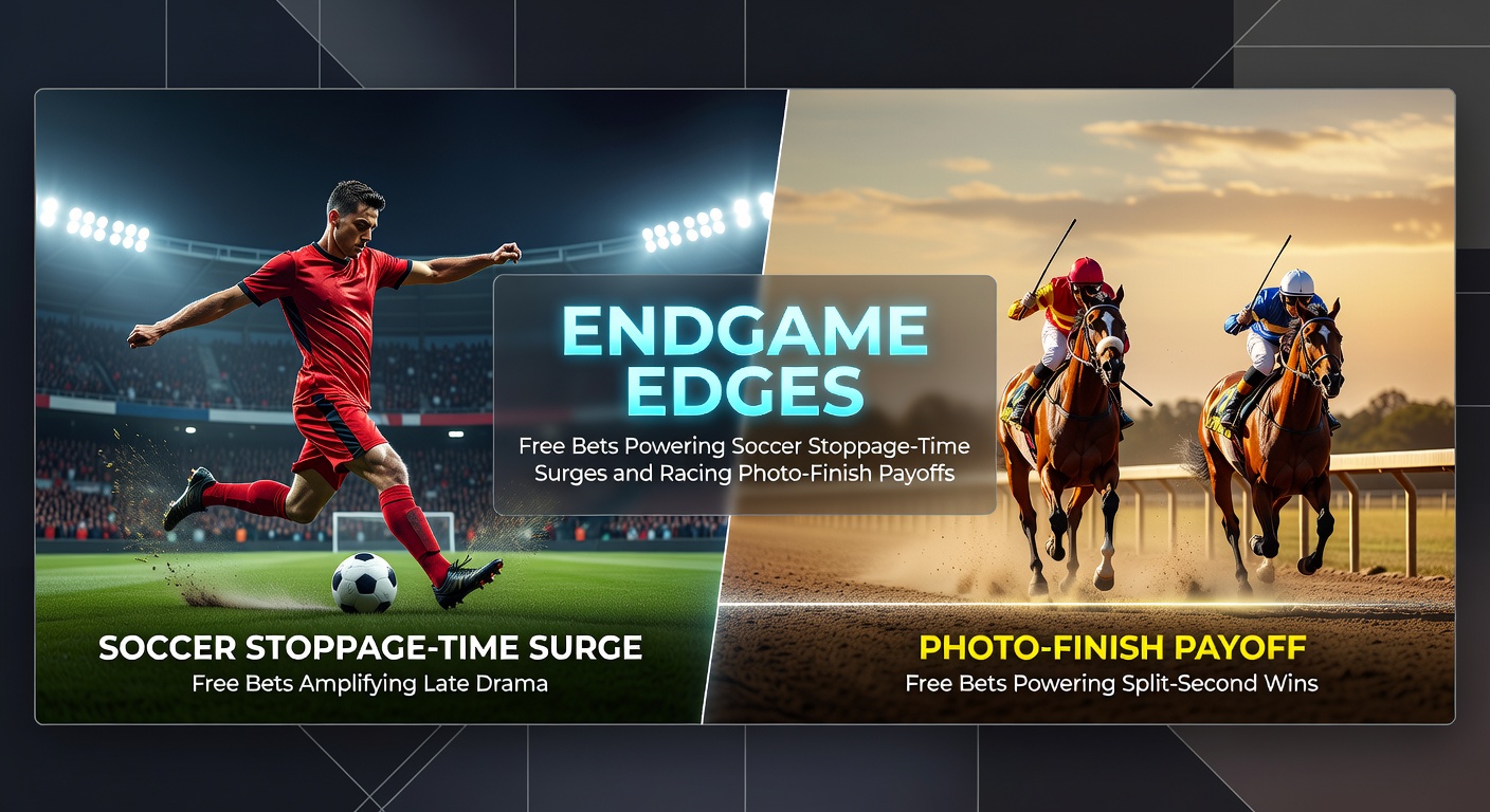 Horse racing photo finish at the wire with free bet icons emphasizing tight margins and high odds