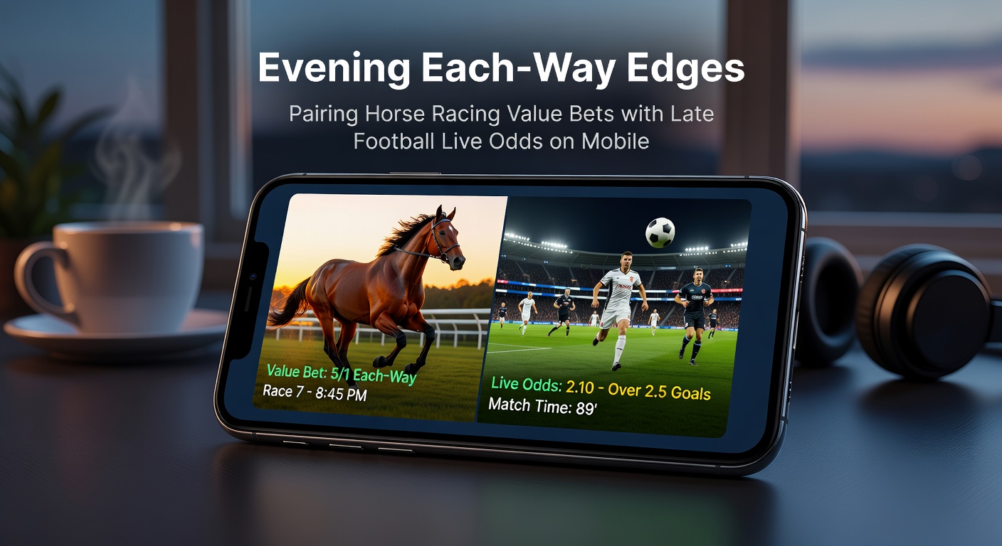 Mobile betting app displaying evening horse racing each-way odds alongside live football match updates
