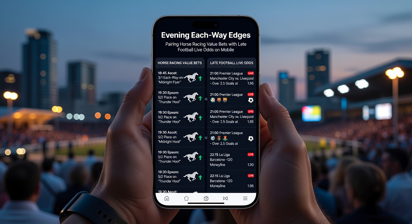 Smartphone interface comparing horse racing each-way selections with real-time football live betting markets
