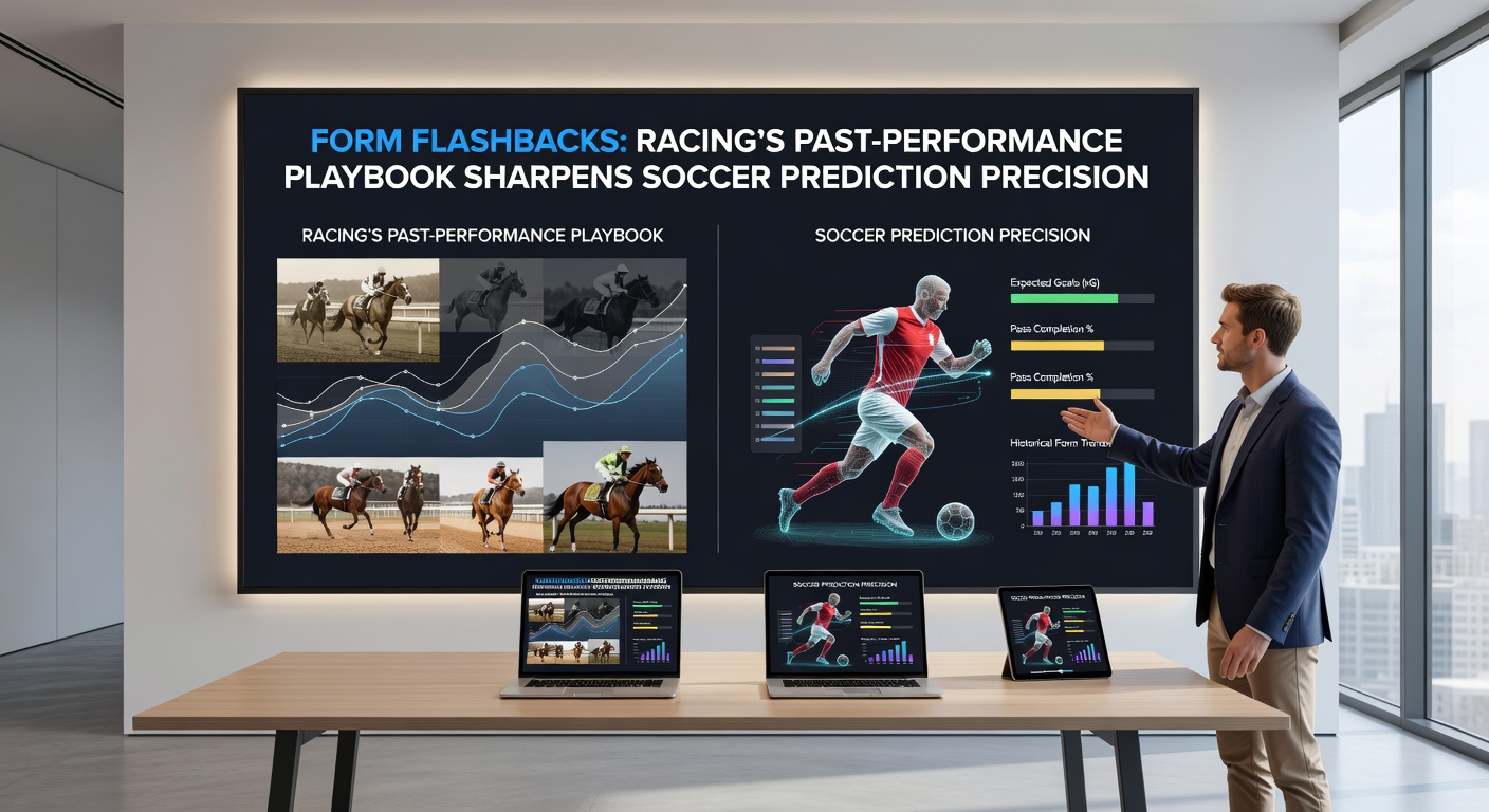Soccer pitch analysis dashboard next to a detailed horse racing form guide, highlighting shared predictive elements
