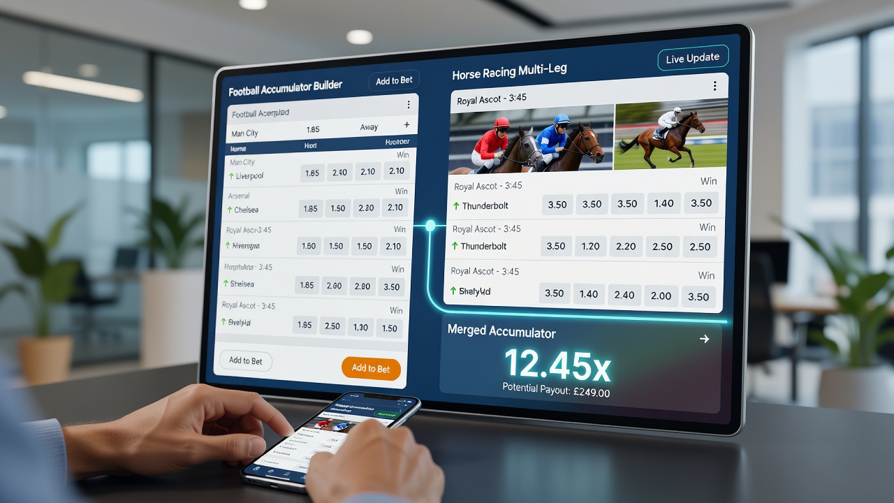 Accumulator slip showing combined football and racing selections with active bonus indicators