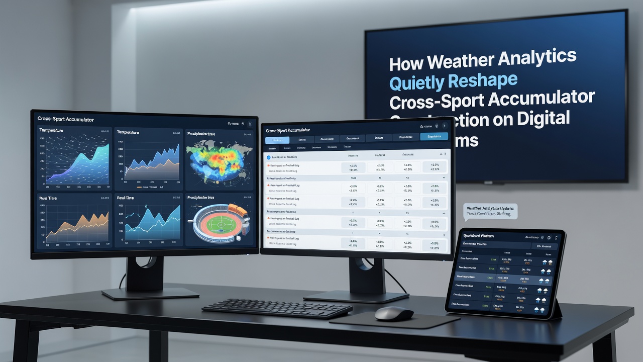 Split-screen interface showing weather-adjusted accumulator legs for soccer and thoroughbred racing