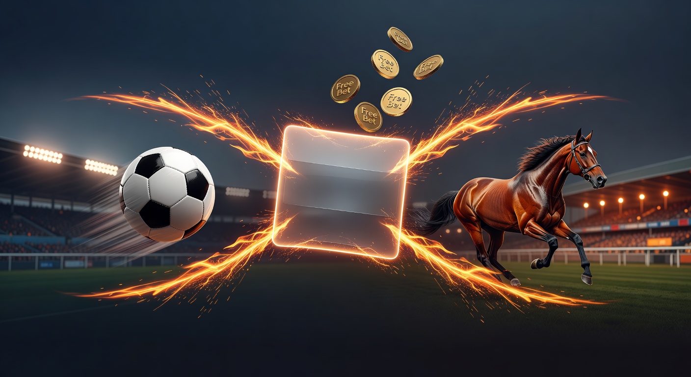 Dynamic graphic showing intertwined football and horse racing accumulator bets ignited by free bet tokens, with glowing payout chains