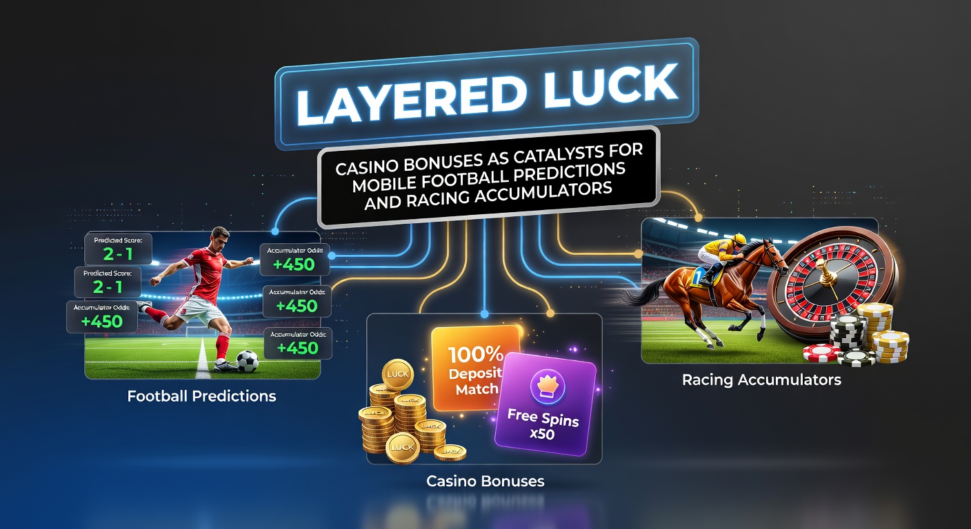 Mobile screen showing layered casino bonuses overlaid on football match predictions and horse racing accumulator odds