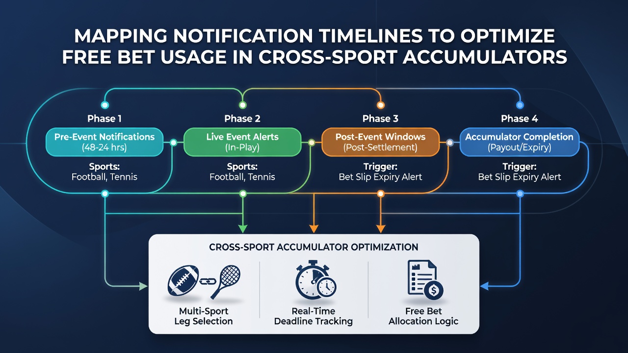 Mobile app interface displaying cross-sport accumulator builder with notification settings