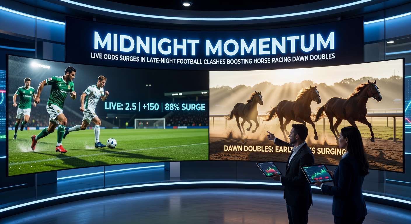 Vibrant late-night football stadium packed with fans under floodlights, overlaid with dynamic live odds fluctuating on a betting screen