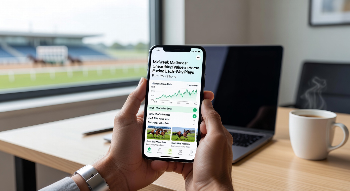 Close-up of a mobile betting app interface showing midweek horse racing each-way selections with live odds updates and form analysis overlays