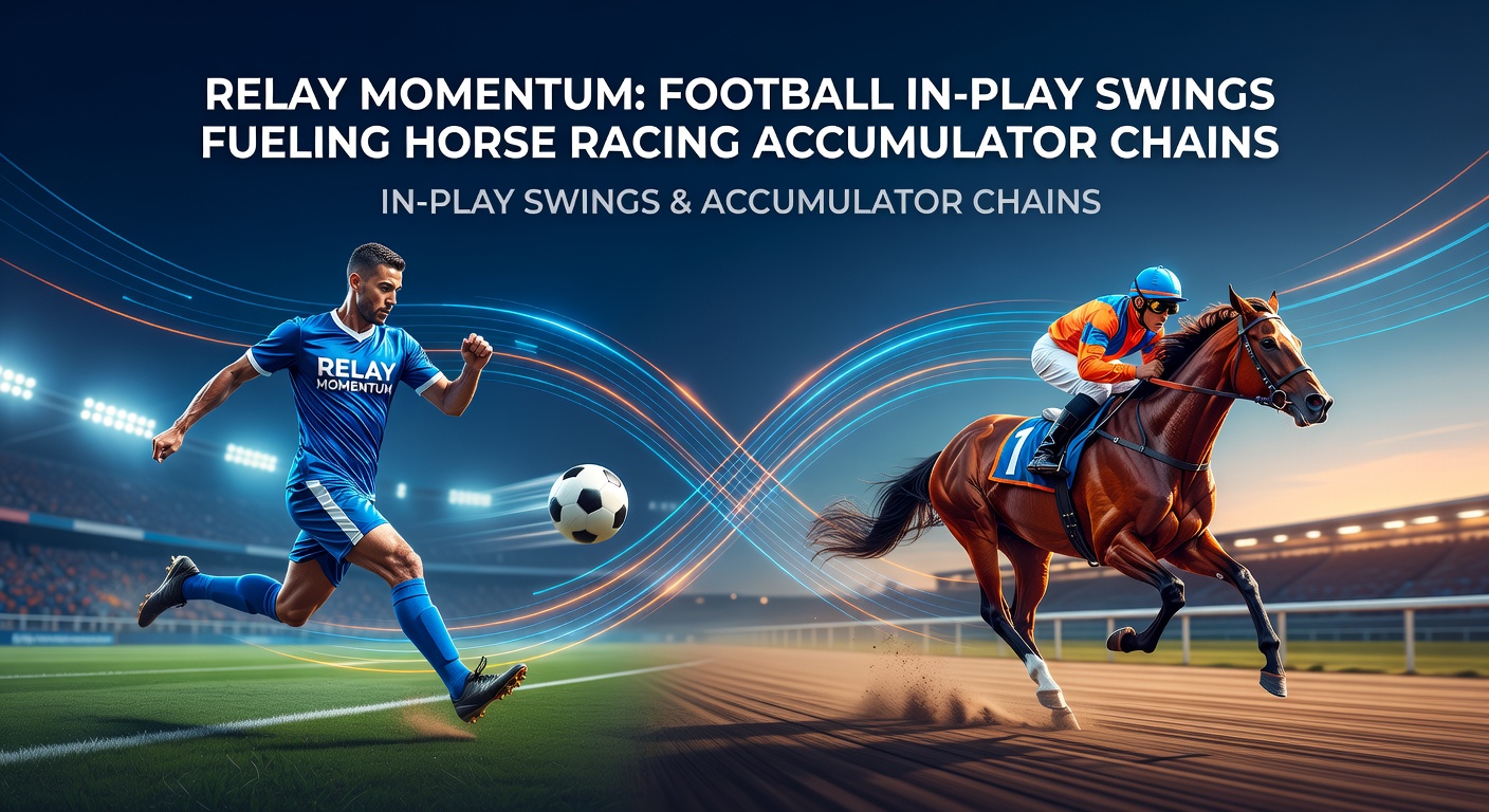 Dynamic chart showing football in-play odds fluctuations chaining into horse racing accumulator payouts, with overlaid graphs of momentum shifts