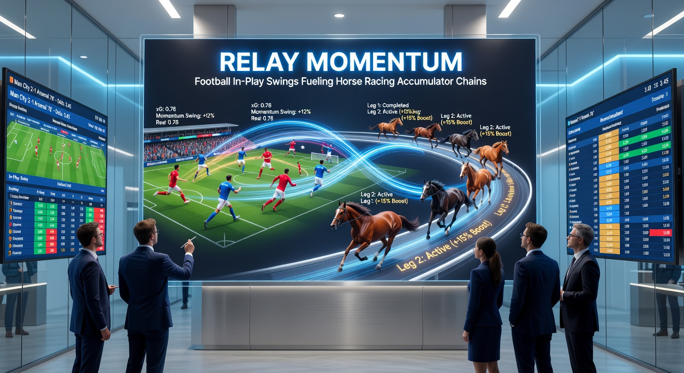 Split-screen visualization of a football in-play bet transitioning to a horse racing accumulator, featuring odds boards and racecourse scenes