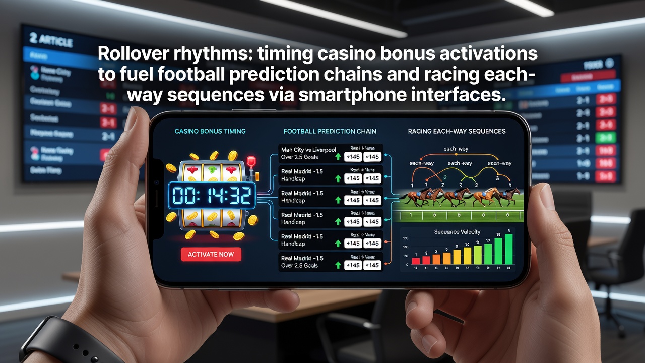 Smartphone screen displaying casino bonus activation timing alongside football prediction tools and racing betting options