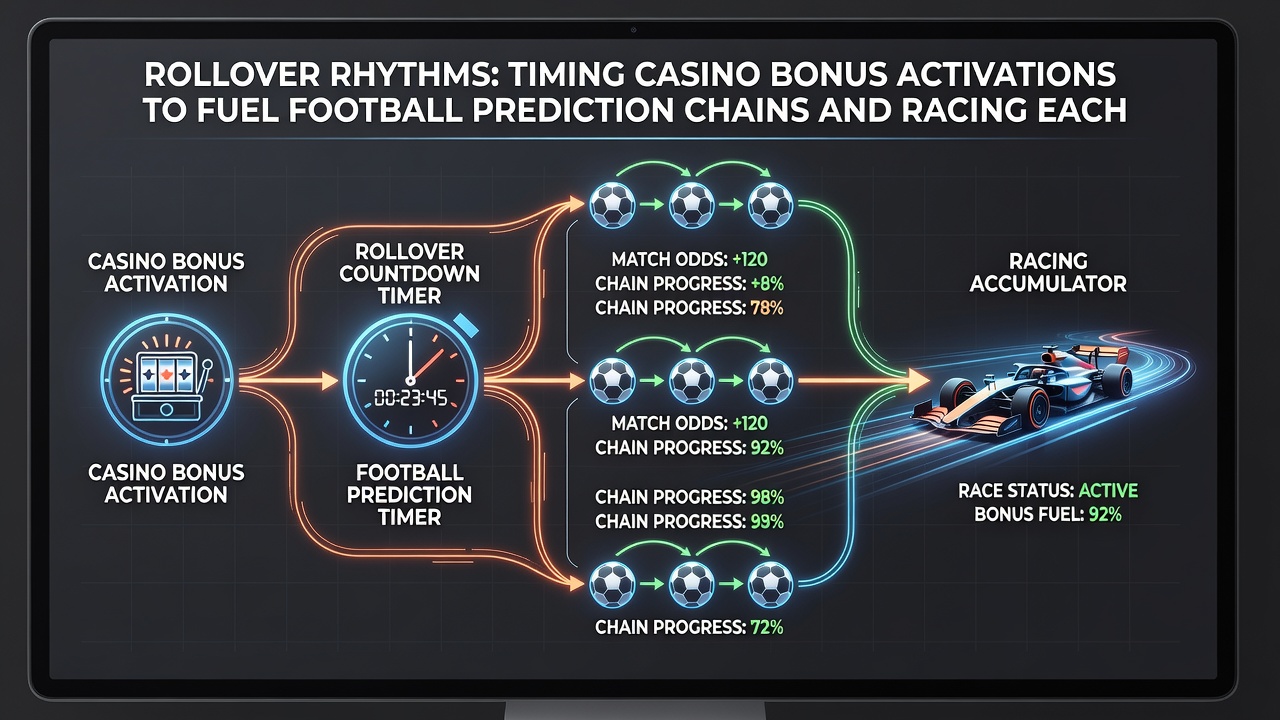 Close-up of smartphone interface showing rollover progress meter connected to football and racing bet chains