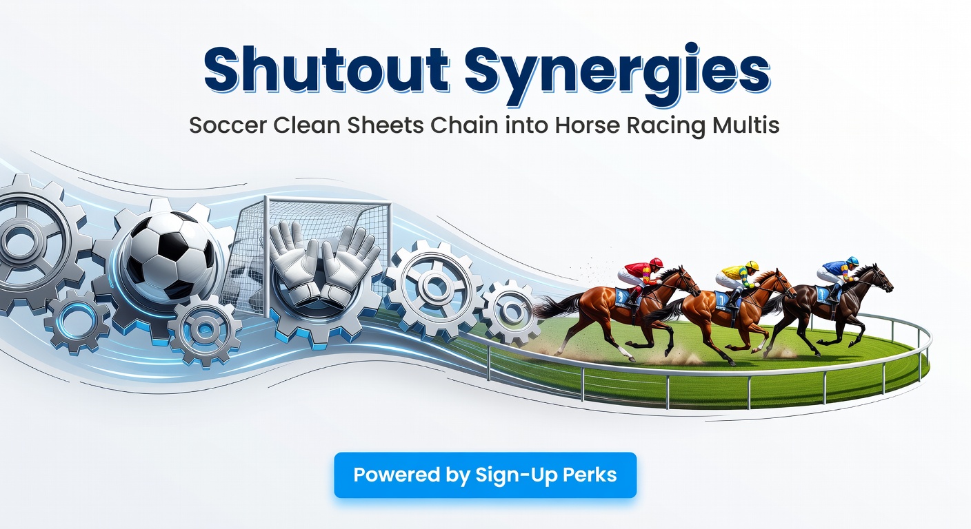 Graphic showing a soccer goalkeeper celebrating a clean sheet transitioning into a chain of horse racing wins with bonus icons overlayed