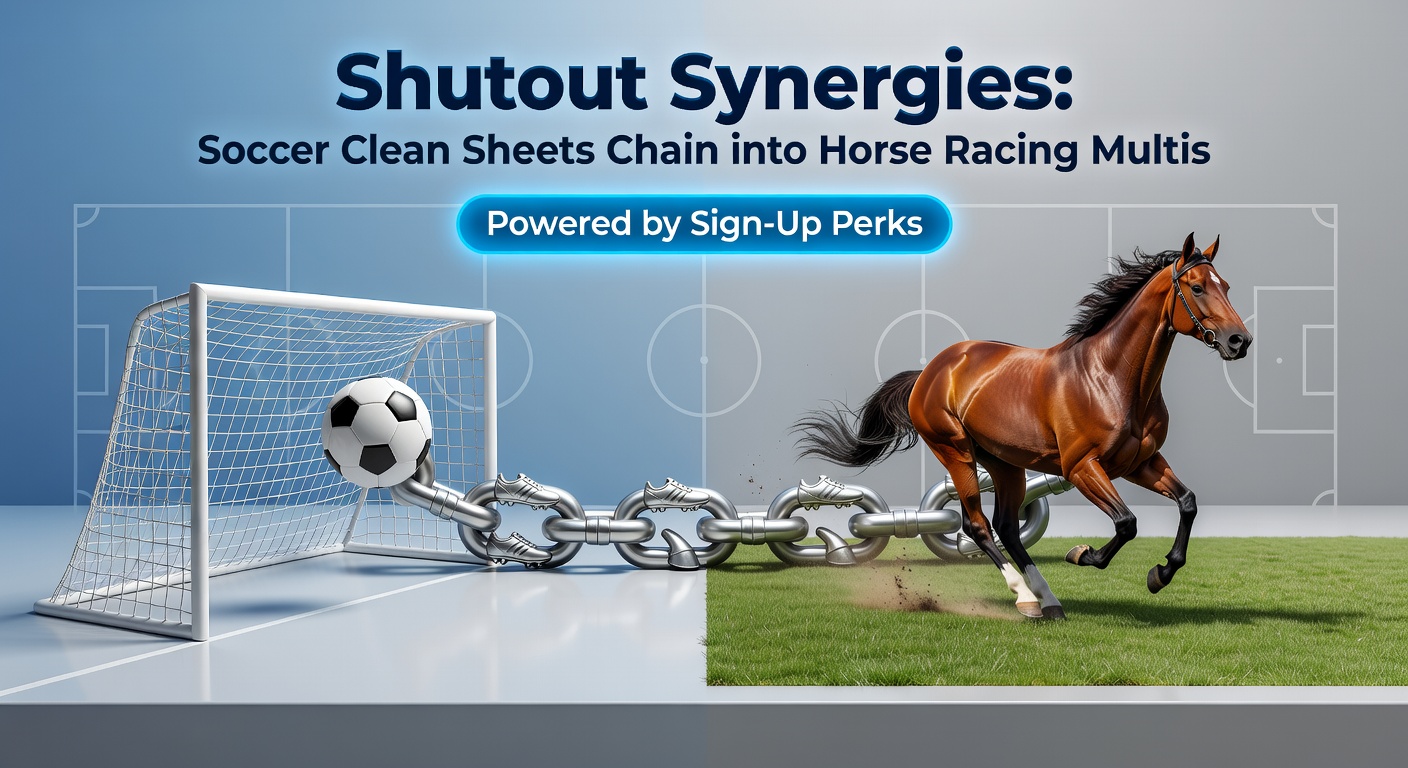 Illustration of a betting slip chaining a soccer clean sheet bet to multiple horse racing selections, highlighted with bonus credit symbols and payout arrows