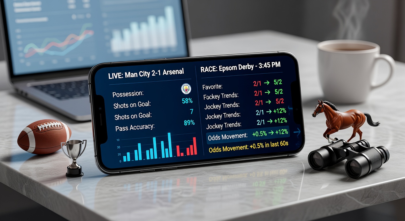 Smartphone displaying integrated football stats and horse racing odds movements on a betting app interface