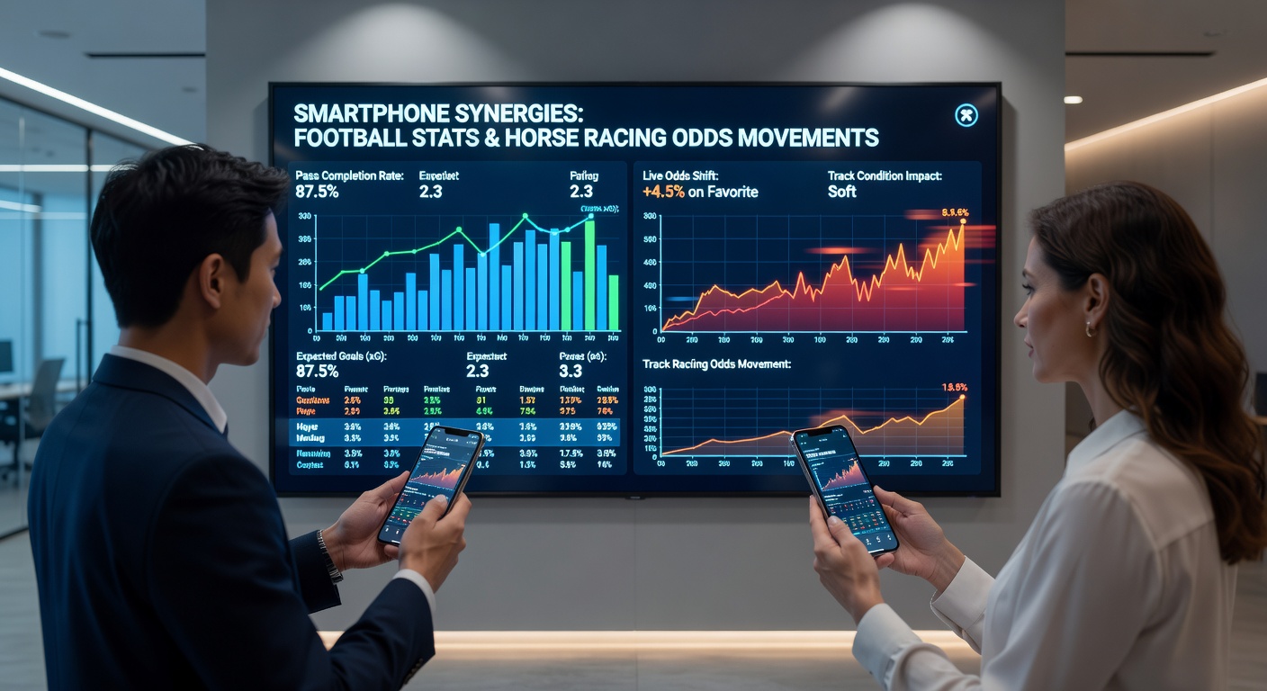 Close-up of mobile screen showing synced analytics for soccer performance data and fluctuating horse racing betting lines