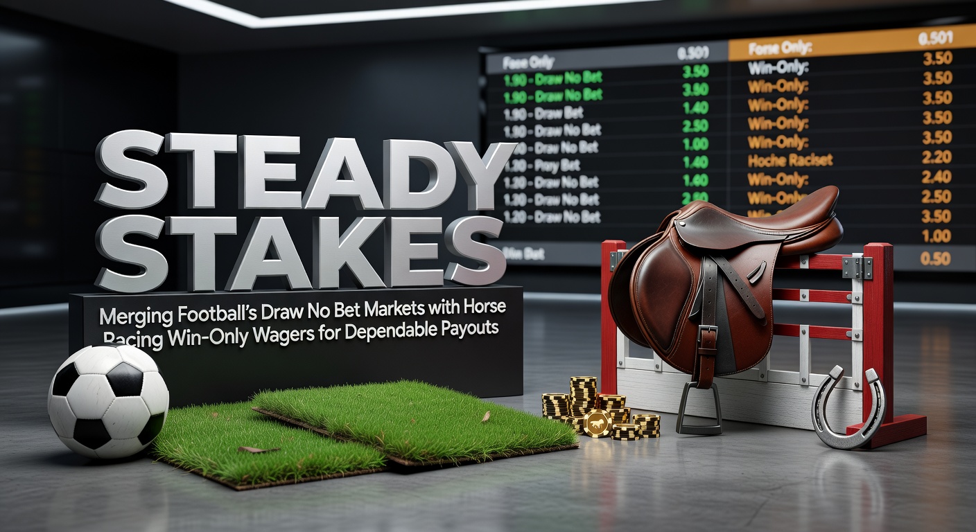 Football pitch action merging with horse racing track, illustrating draw no bet and win-only strategies for steady payouts