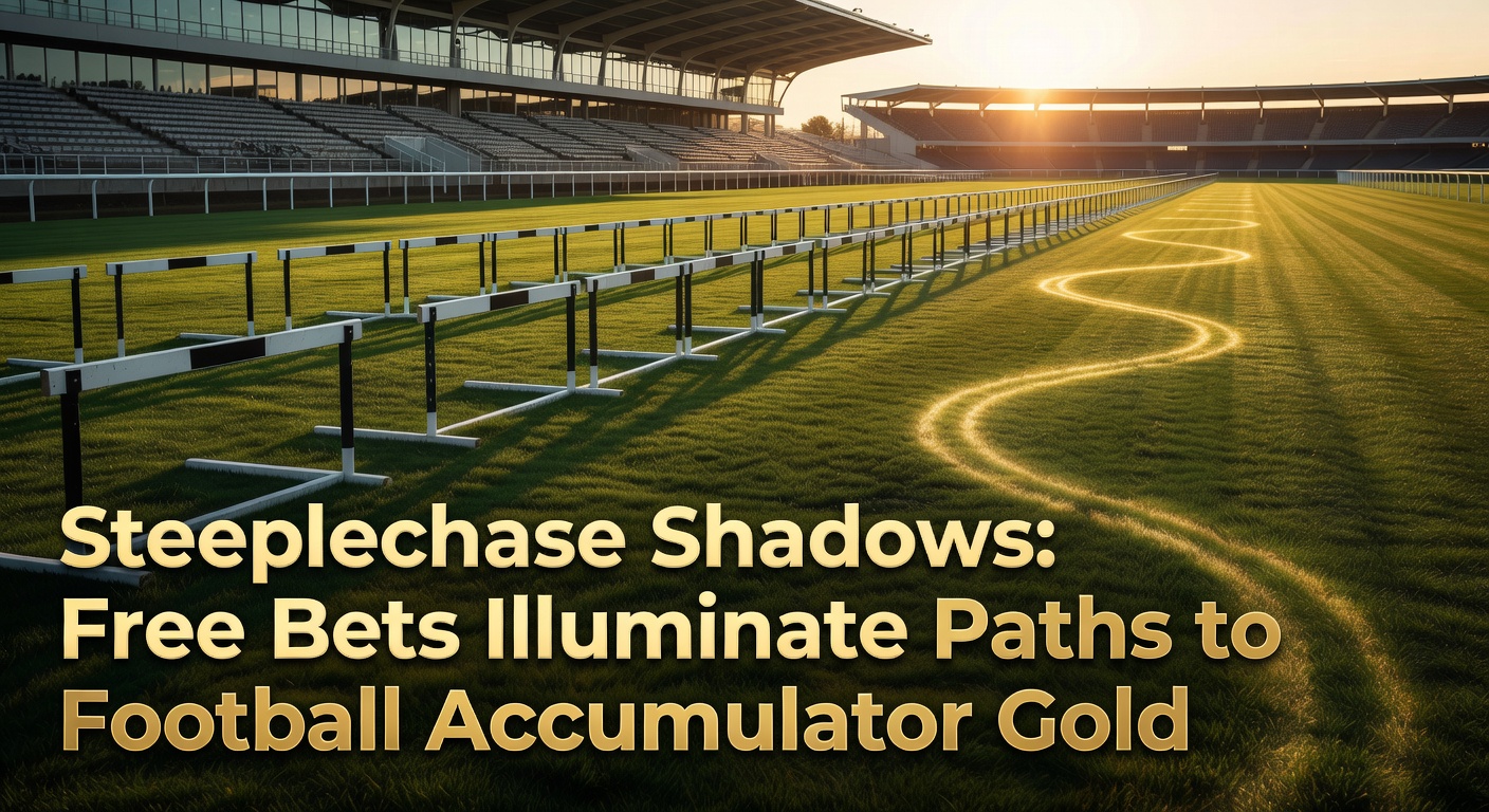 Dramatic steeplechase jump at dusk casting long shadows, symbolizing hidden betting opportunities leading to football accumulator wins
