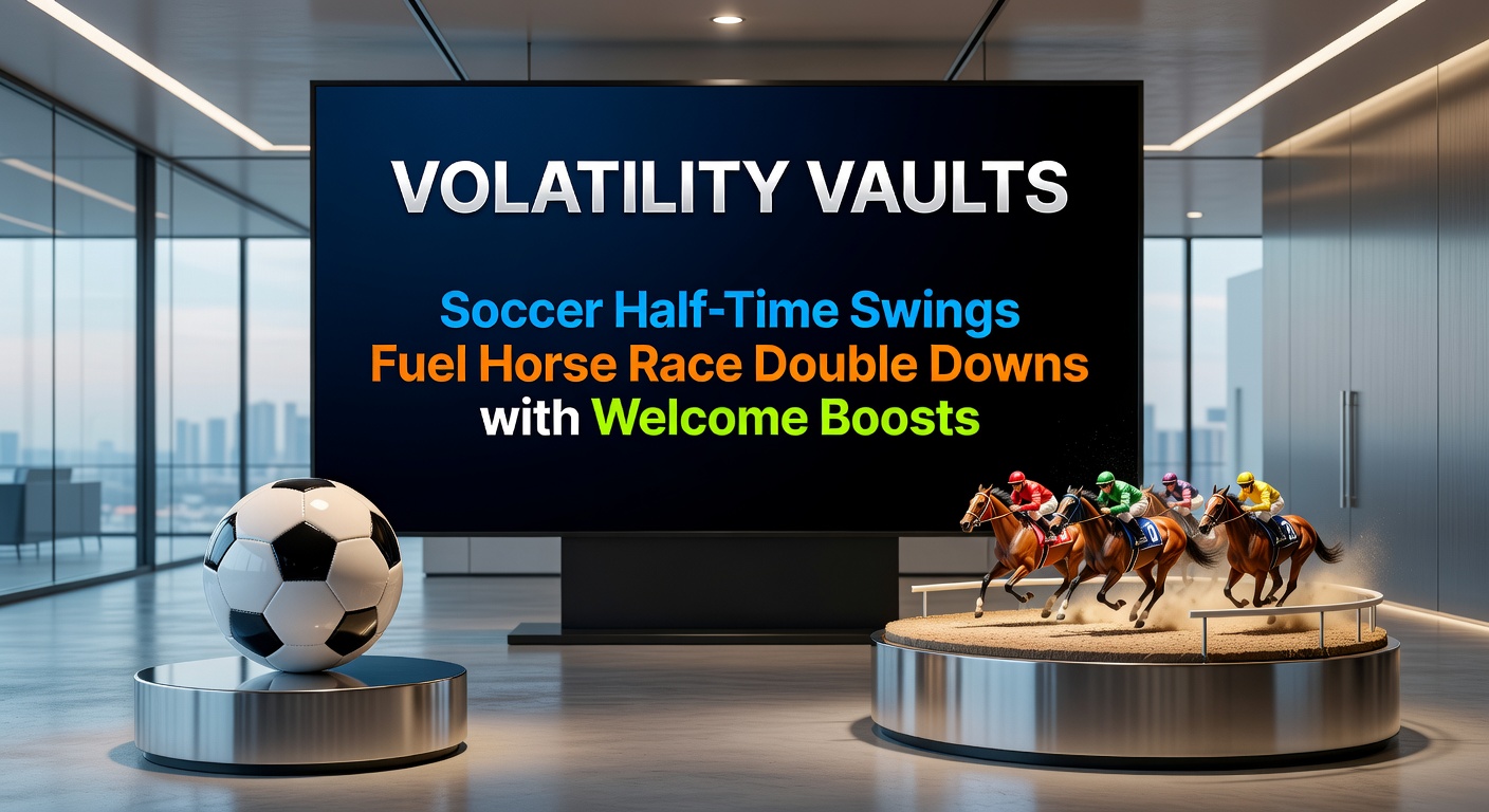 Dynamic soccer halftime action transitioning to intense horse racing finish, symbolizing betting volatility plays