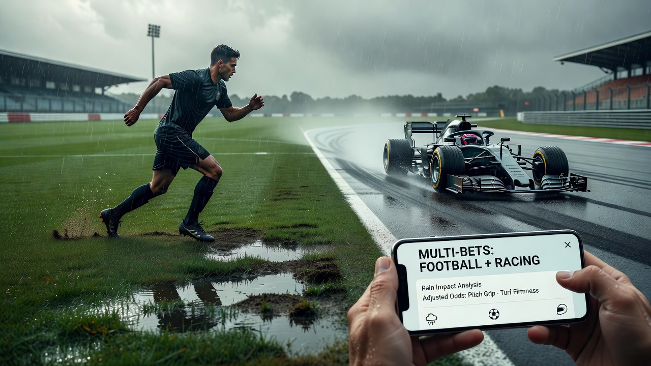 Football pitch and horse racing turf under rainfall conditions affecting grip and firmness
