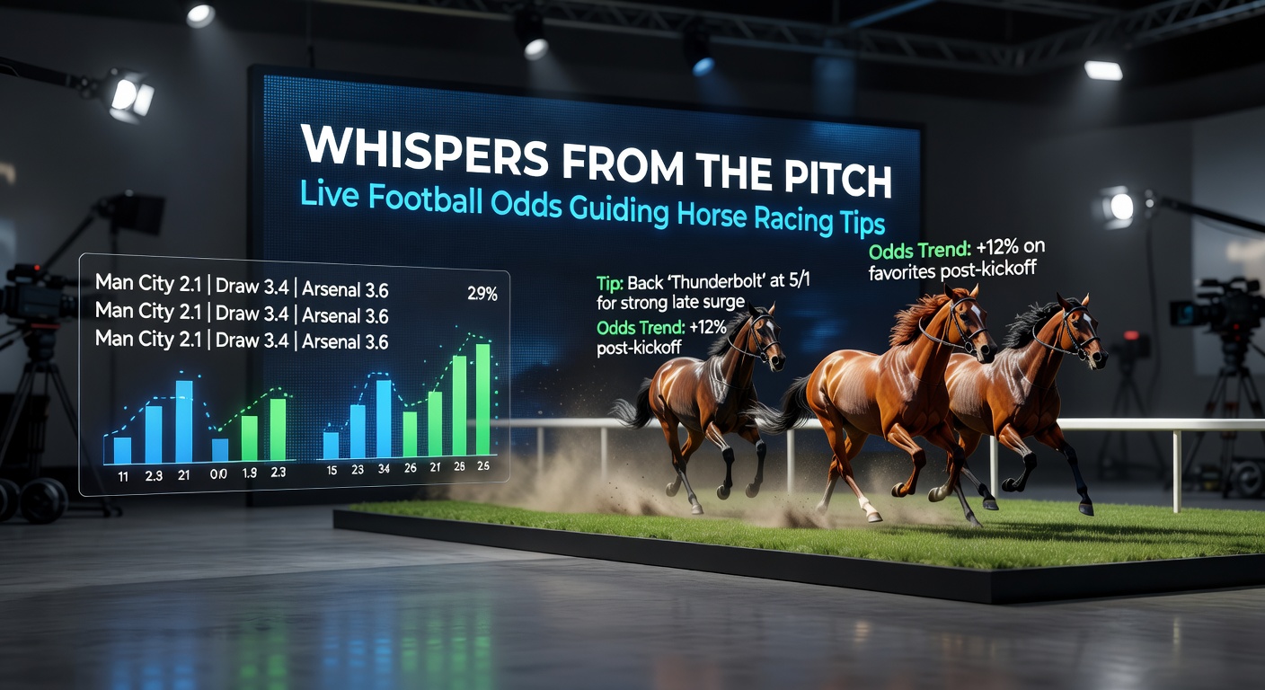 Dynamic split-screen view of a bustling soccer pitch under floodlights alongside a thundering horse race finish line, symbolizing the crossover between live football action and racing intensity